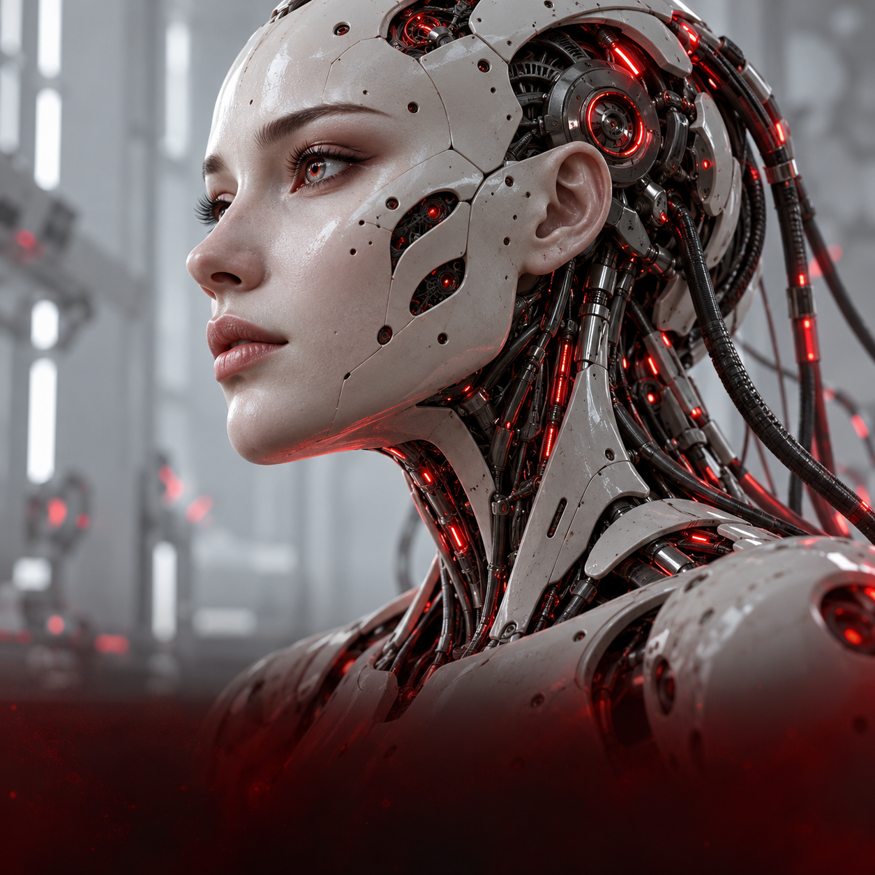 Silver human-like android with intricate mechanics and glowing red accents